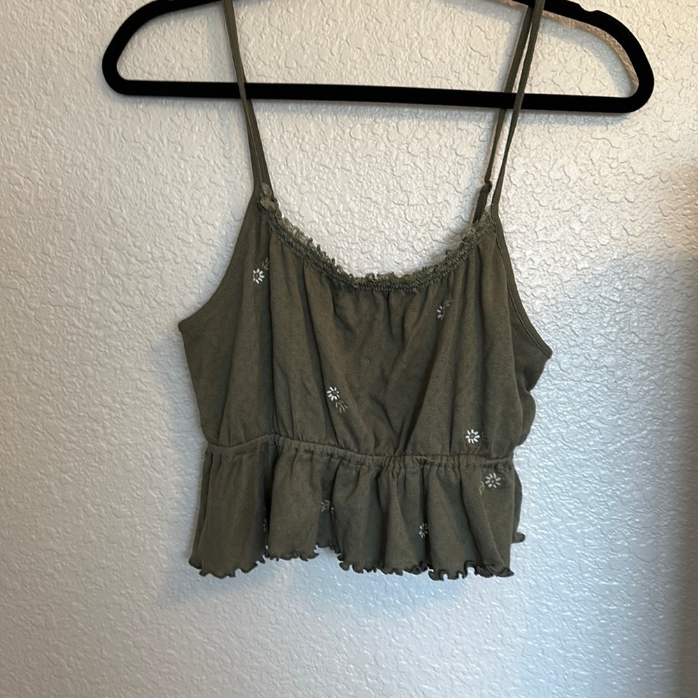 Hunter green tank top with embroidered flowers